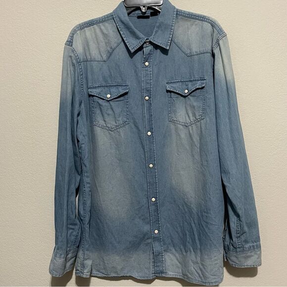 Livergy Men’s Denim Shirt w/ Pearl Snaps Ombré Coloring 100% Cotton Size XL - Picture 2 of 9
